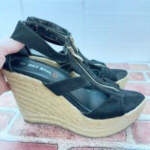 Y2K Espadrille‎ Wedge Sandals Black Zip Heels Womens Size 8 Summer Night Out F8